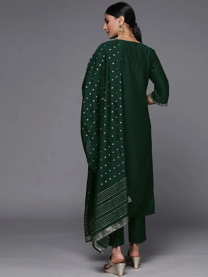 Green Embroidered Silk Blend Straight Suit Set - Libas