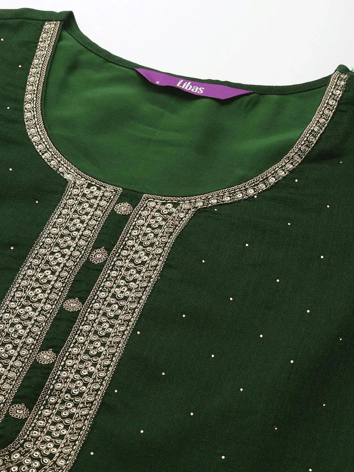 Green Embroidered Silk Blend Straight Suit Set - Libas