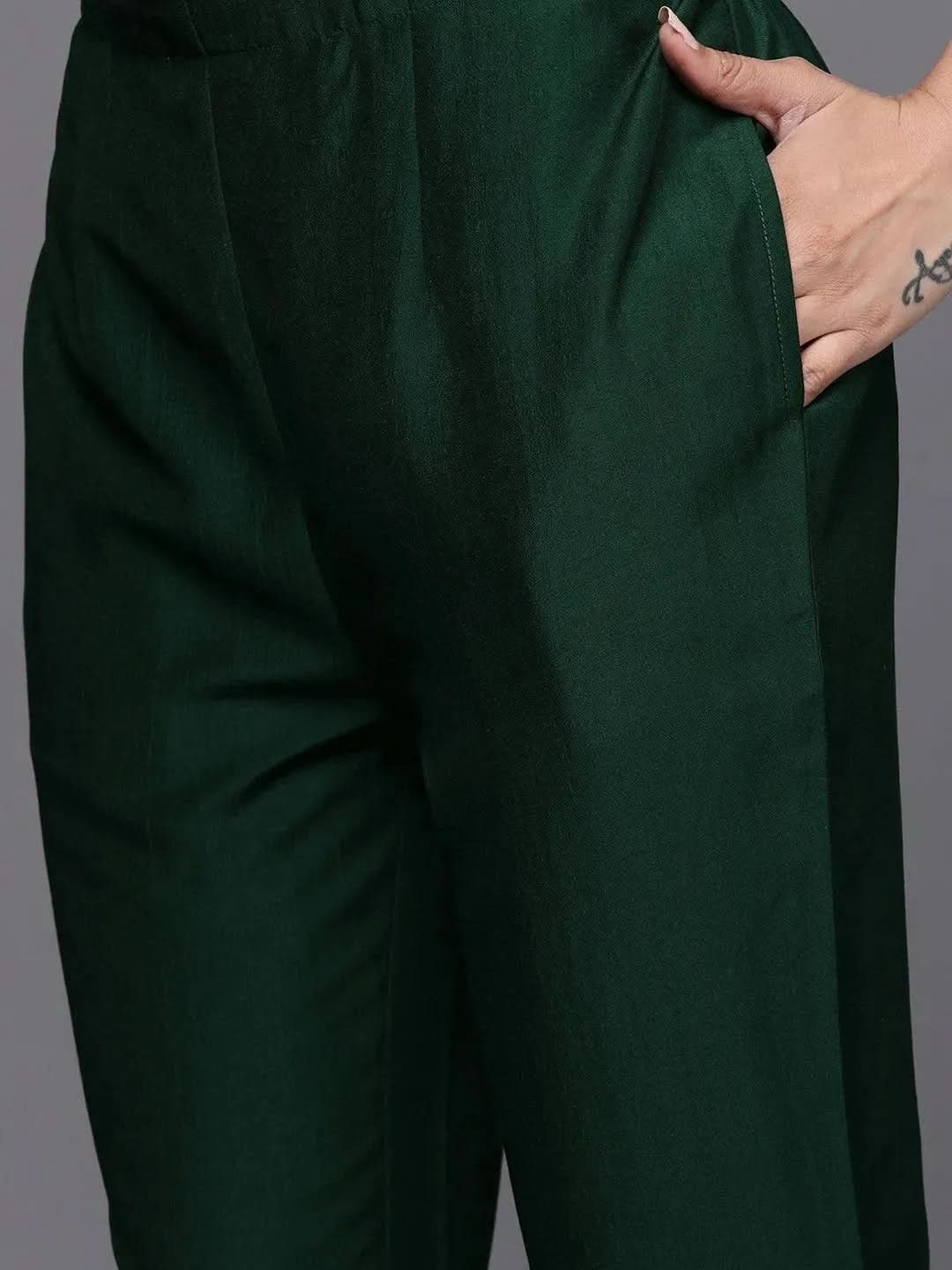Green Embroidered Silk Blend Straight Suit Set - Libas 