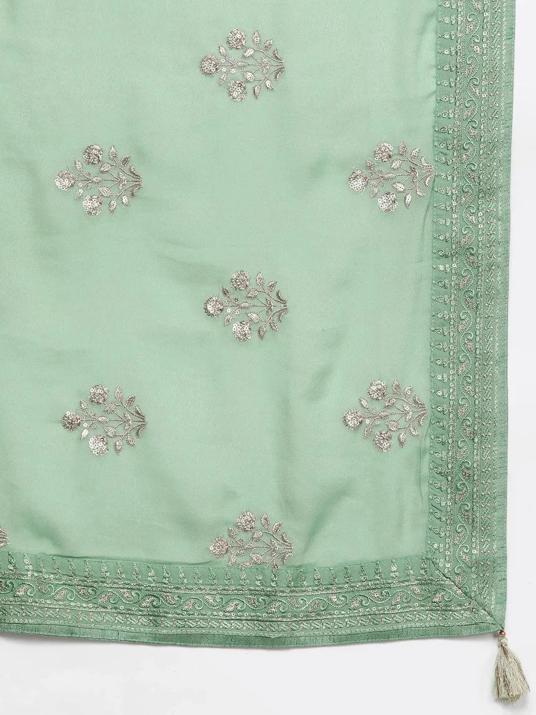 Green Embroidered Silk Blend Straight Suit Set - Libas 