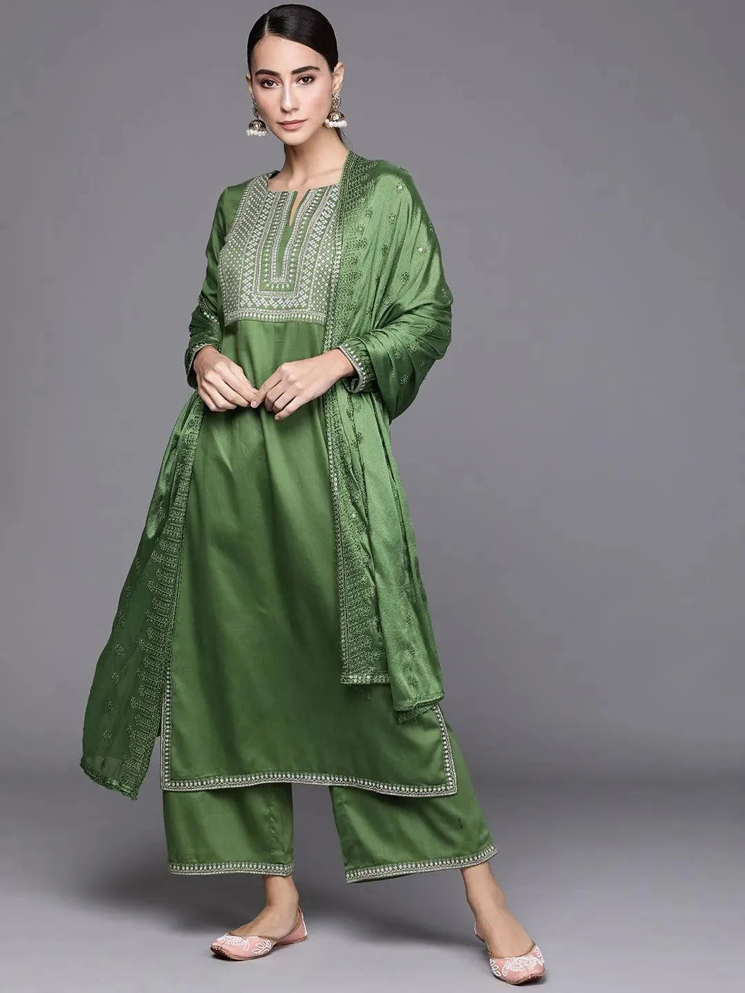Green Embroidered Silk Blend Suit Set - Libas