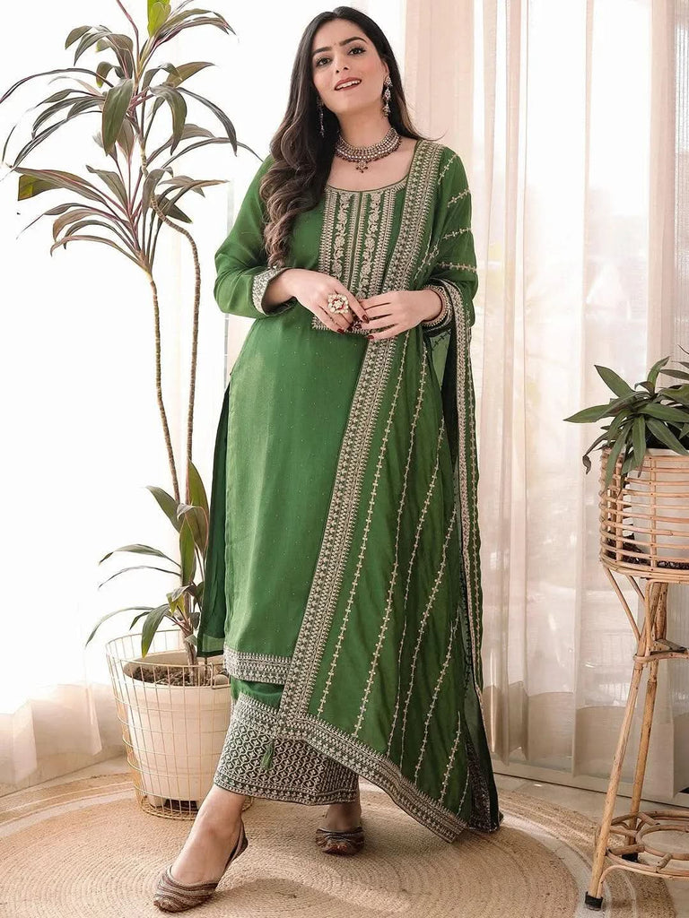 Libas Green Embroidered Silk Blend Straight Kurta With Palazzos & Dupatta