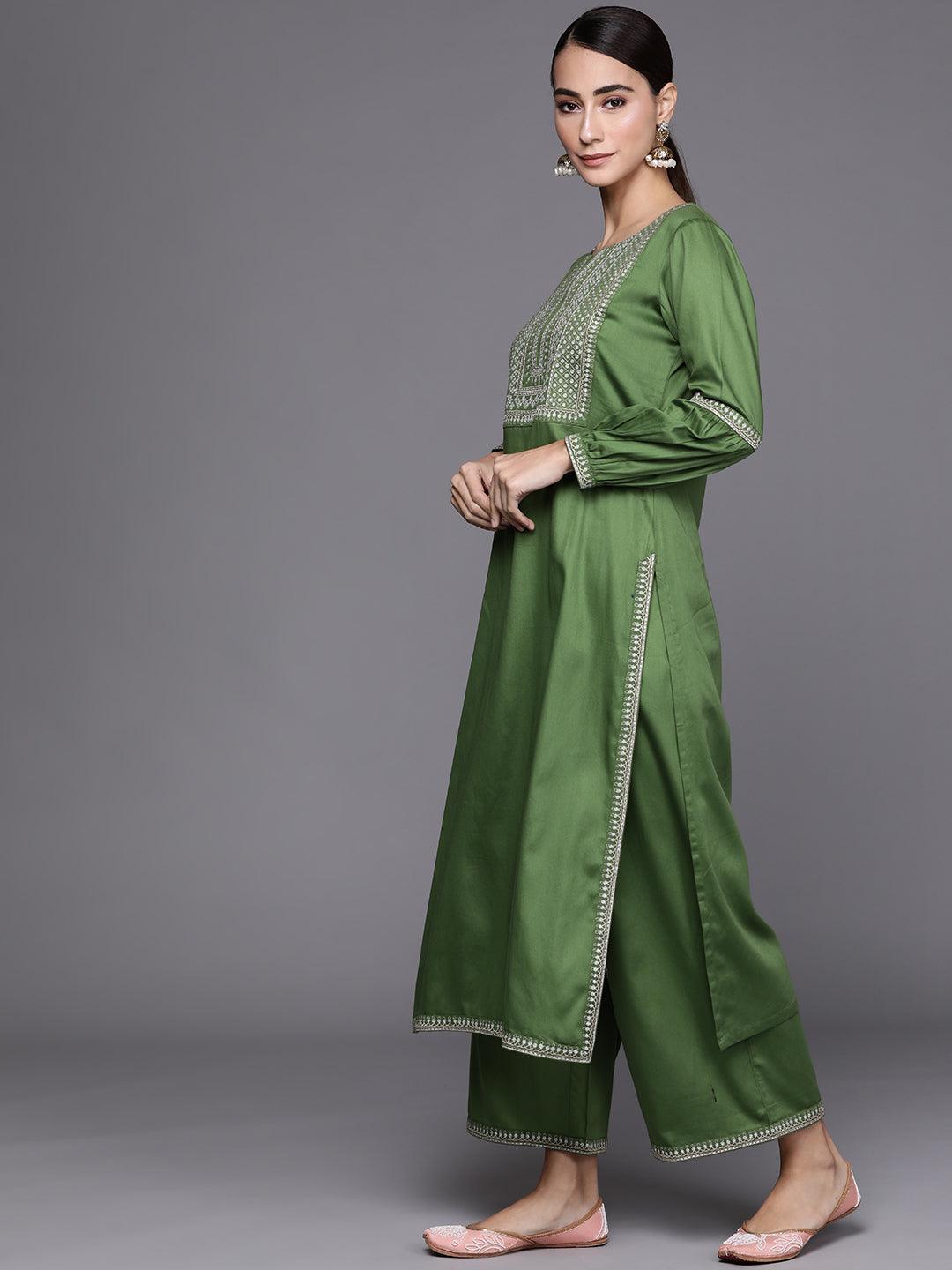 Green Embroidered Silk Blend Straight Kurta With Palazzos & Dupatta