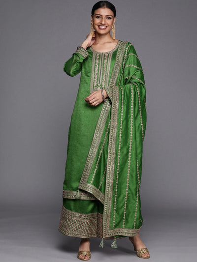 Green Embroidered Silk Blend Straight Suit Set - Libas
