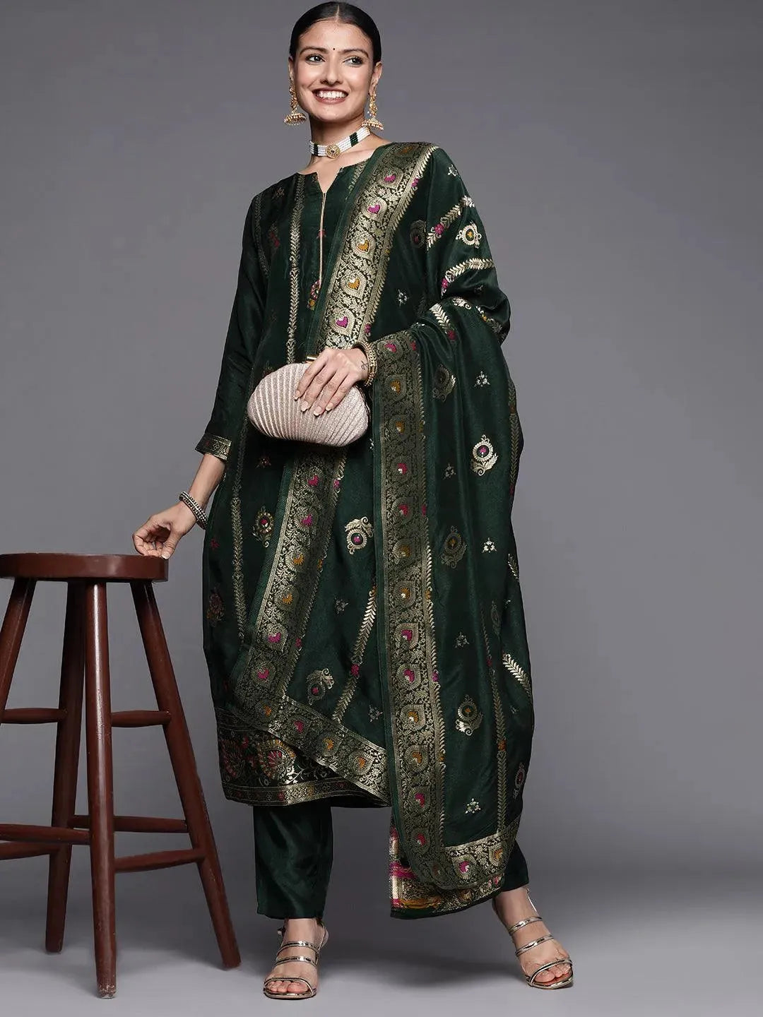 Green Embroidered Silk Blend Straight Suit Set - Libas 