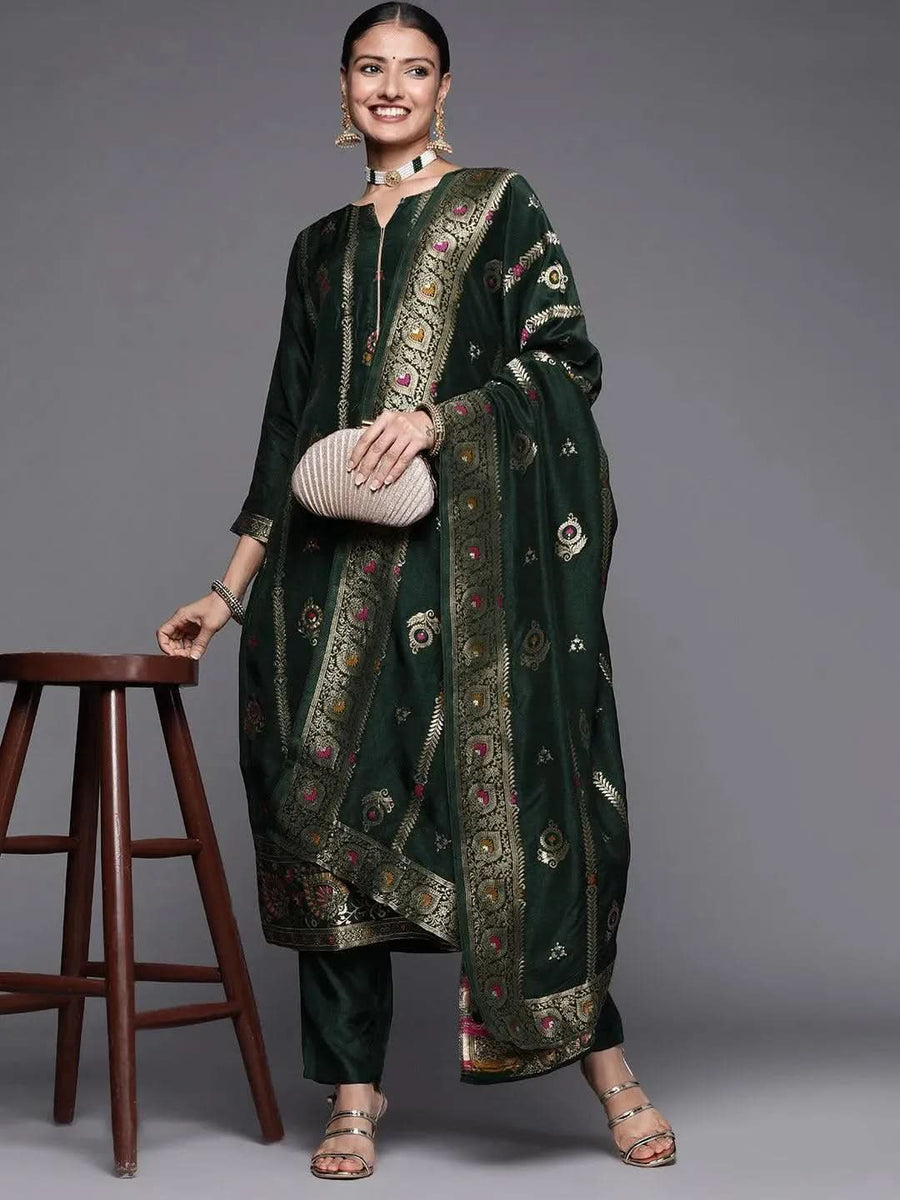 Aqua Green Jacquard Embroidered Straight Kurta, Palazzo and Dupatta Set