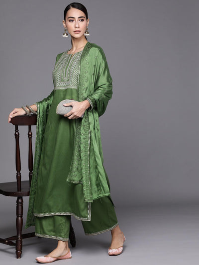 Green Embroidered Silk Blend Suit Set - Libas