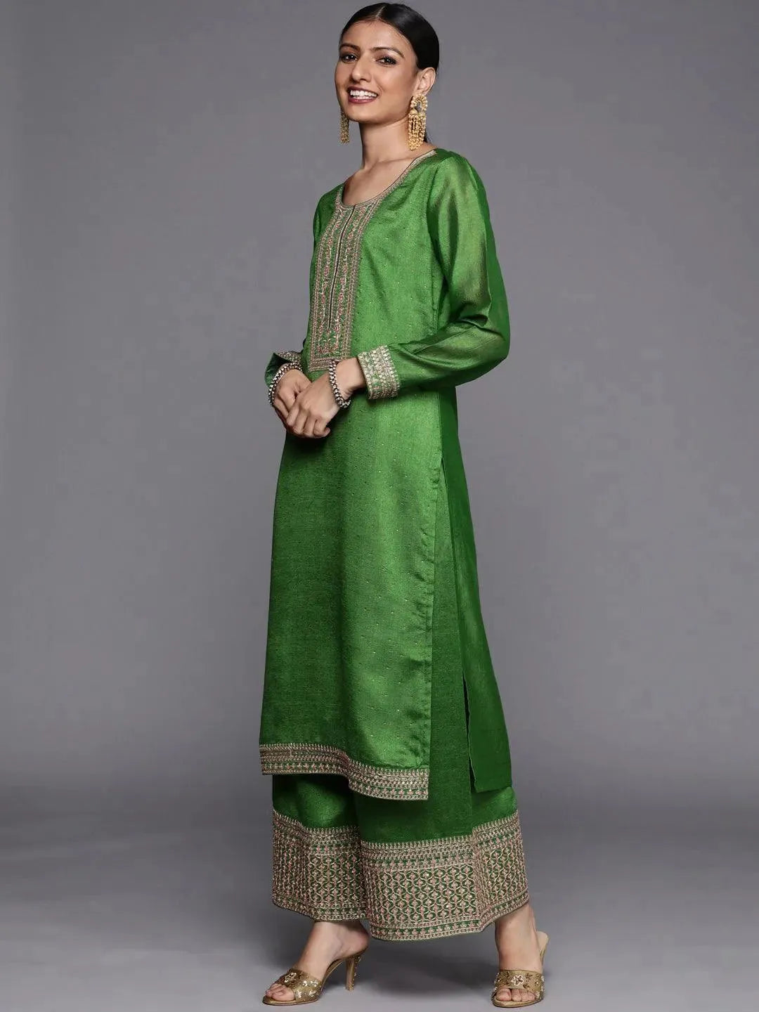 Green Embroidered Silk Blend Straight Suit Set - Libas 