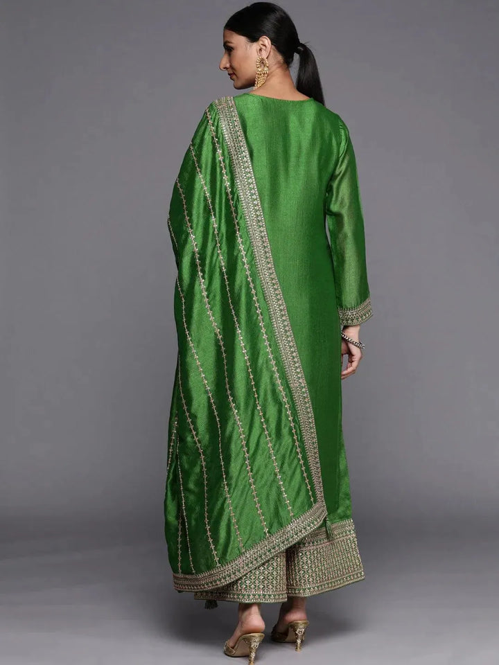 Green Embroidered Silk Blend Straight Suit Set - Libas