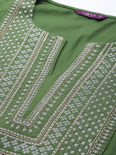 Green Embroidered Silk Blend Suit Set - Libas