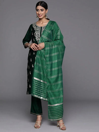 Green Embroidered Silk Blend Straight Kurta With Trousers & Dupatta - Libas