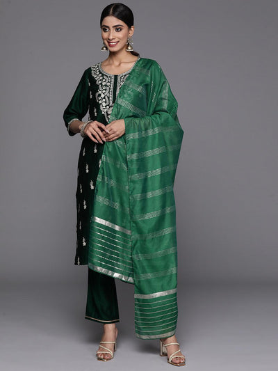 Green Embroidered Silk Blend Straight Kurta With Trousers & Dupatta - Libas
