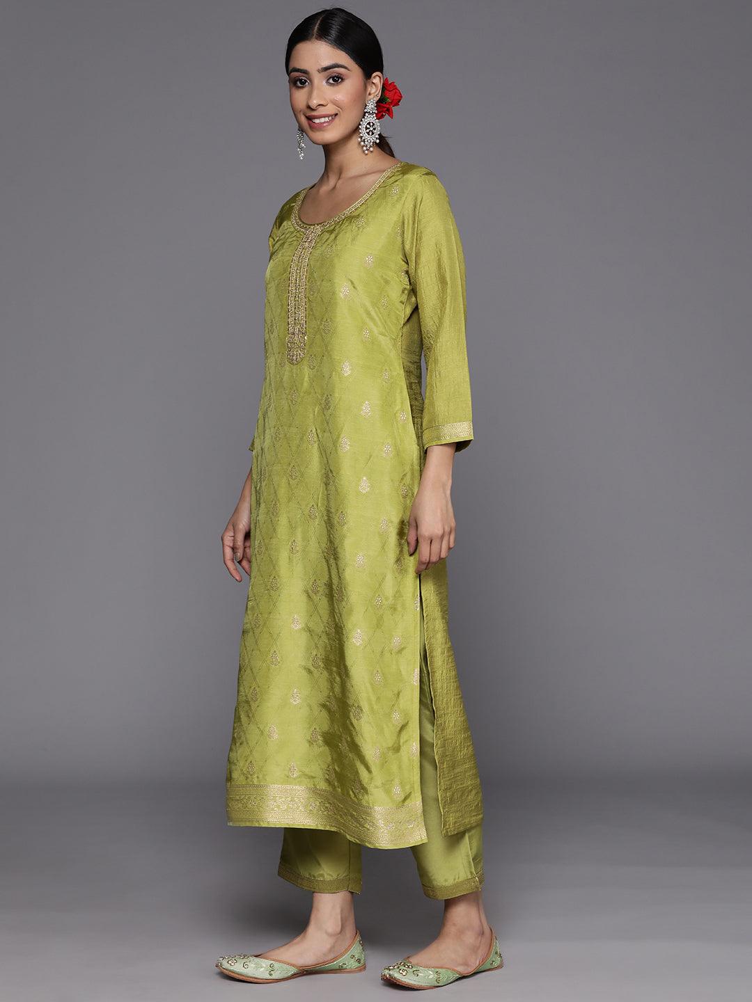 Green Embroidered Silk Blend Suit Set With Trousers - Libas