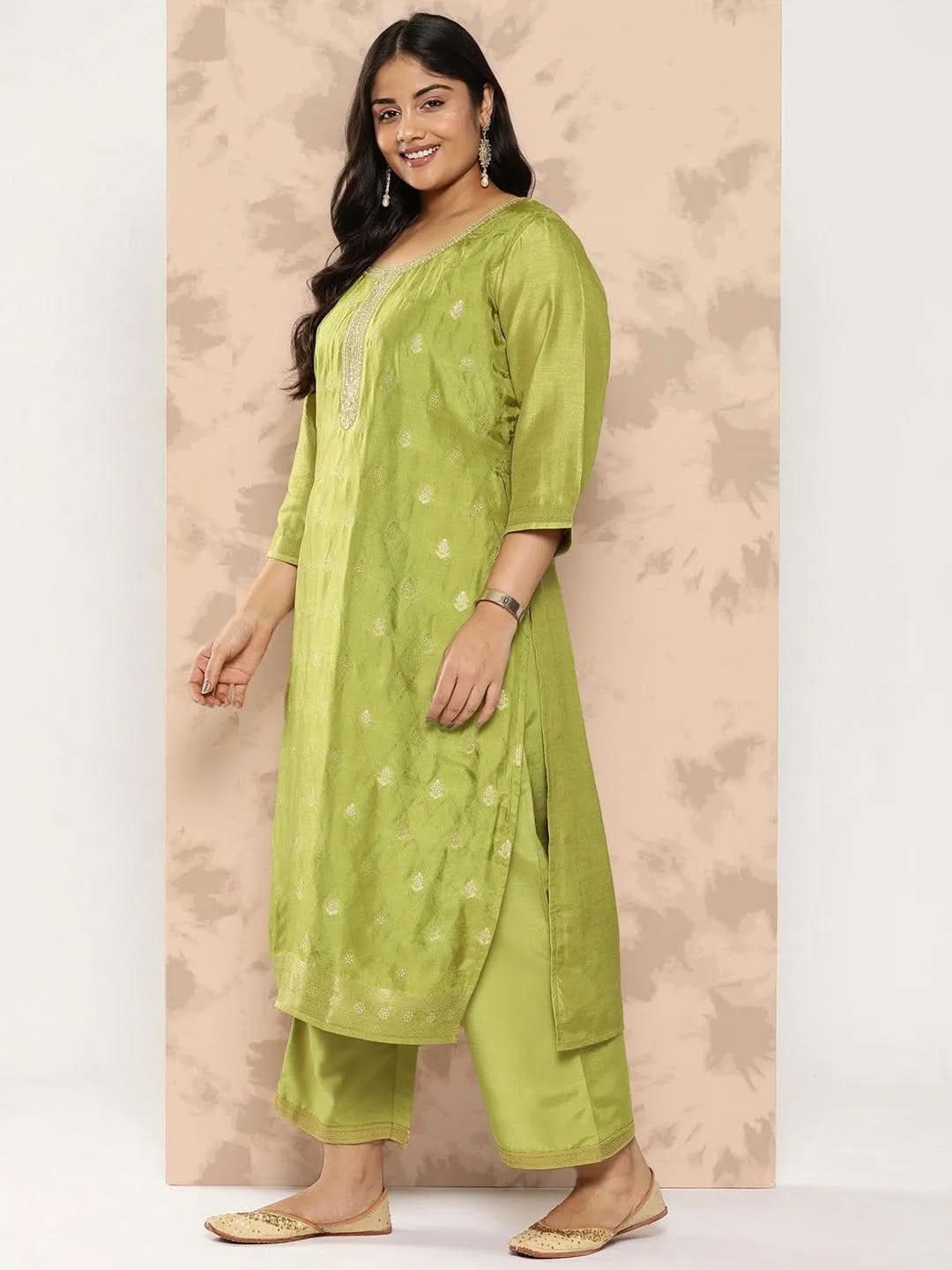 Green Embroidered Silk Blend Straight Kurta With Trousers and Dupatta - Libas 