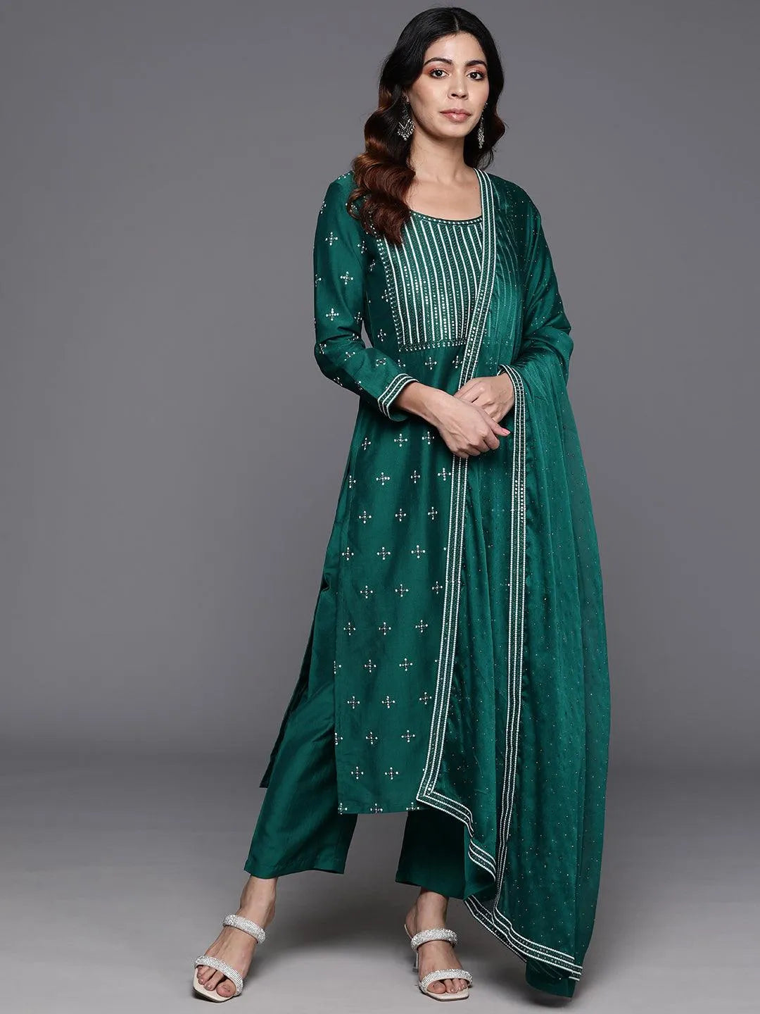 Green Embroidered Silk Blend Straight Kurta With Trousers & Dupatta - Libas 