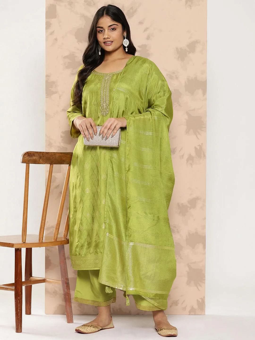 Green Embroidered Silk Blend Straight Kurta With Trousers and Dupatta - Libas 