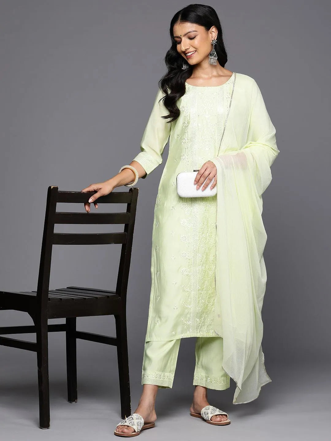 Green Embroidered Silk Blend Straight Kurta With Trousers & Dupatta - Libas 