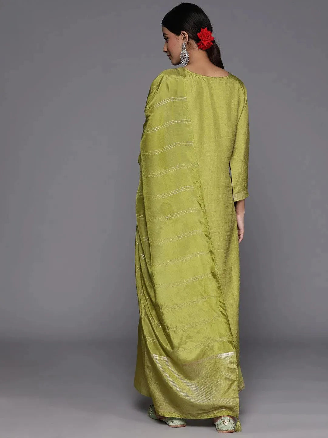 Green Embroidered Silk Blend Suit Set With Trousers - Libas