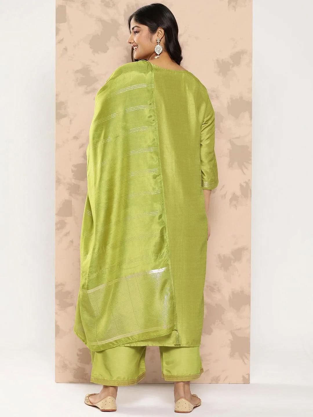 Green Embroidered Silk Blend Straight Kurta With Trousers and Dupatta - Libas 