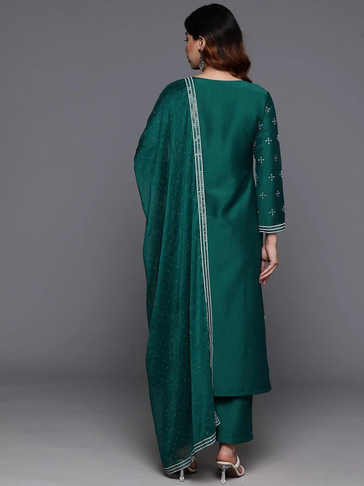 Green Embroidered Silk Blend Straight Kurta With Trousers & Dupatta - Libas