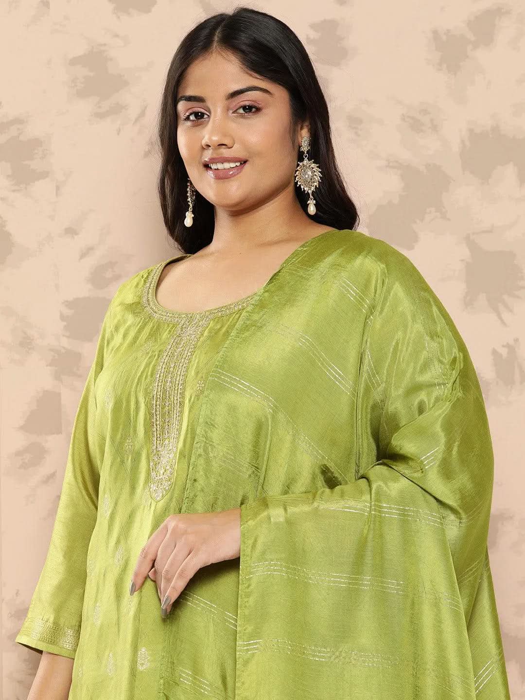 Green Embroidered Silk Blend Straight Kurta With Trousers and Dupatta - Libas 
