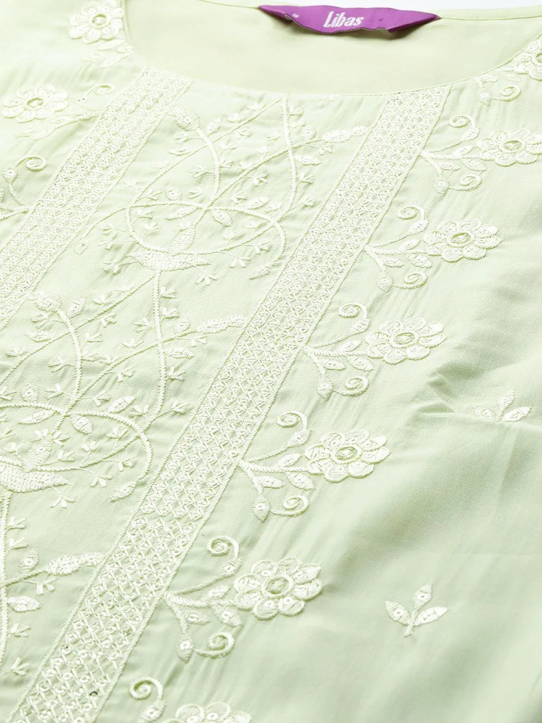 Green Embroidered Silk Blend Straight Kurta With Trousers & Dupatta - Libas 