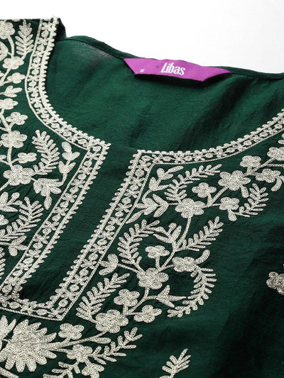Green Embroidered Silk Blend Straight Kurta With Trousers & Dupatta - Libas
