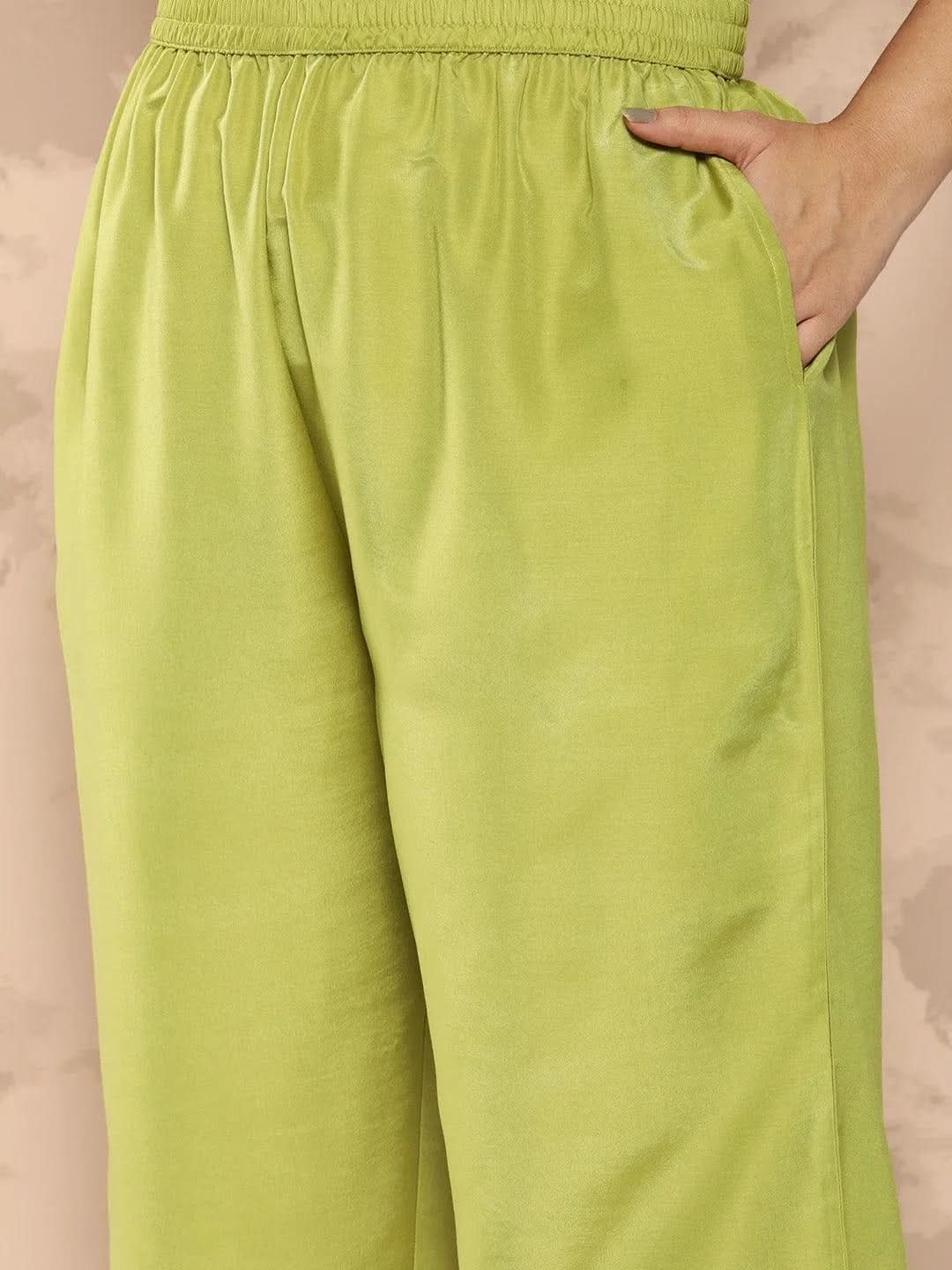 Green Embroidered Silk Blend Straight Kurta With Trousers and Dupatta - Libas 