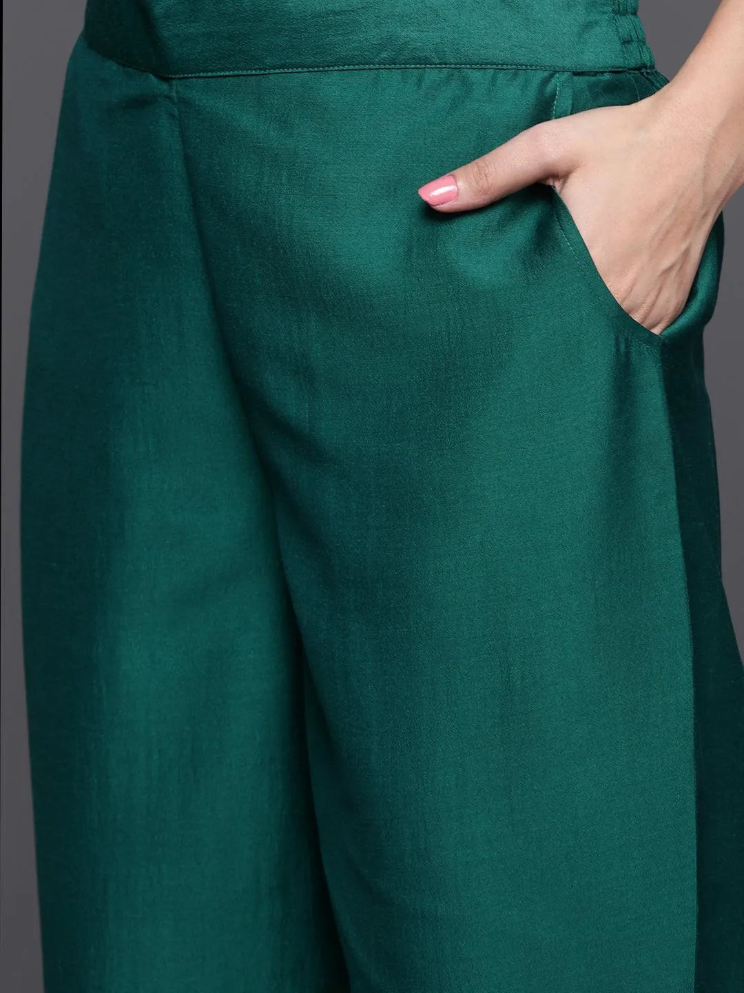 Green Embroidered Silk Blend Straight Kurta With Trousers & Dupatta - Libas 