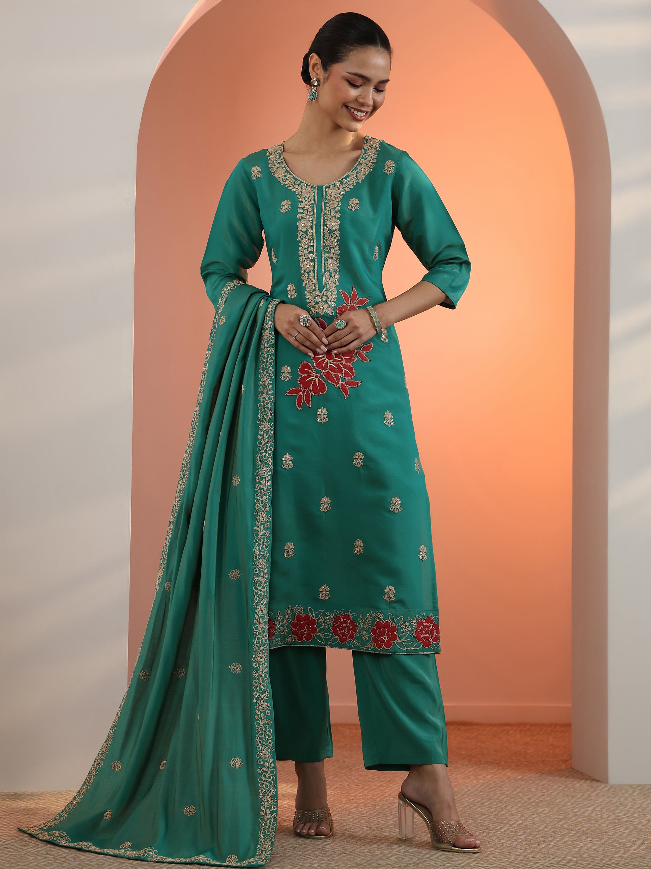 libas Green Embroidered Silk Blend Straight Suit Set With Dupatta-picture-46