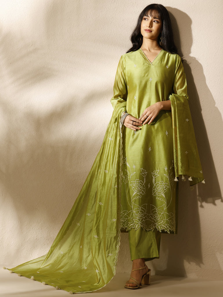 Libas Green Embroidered Silk Blend Straight Suit Set With Dupatta
