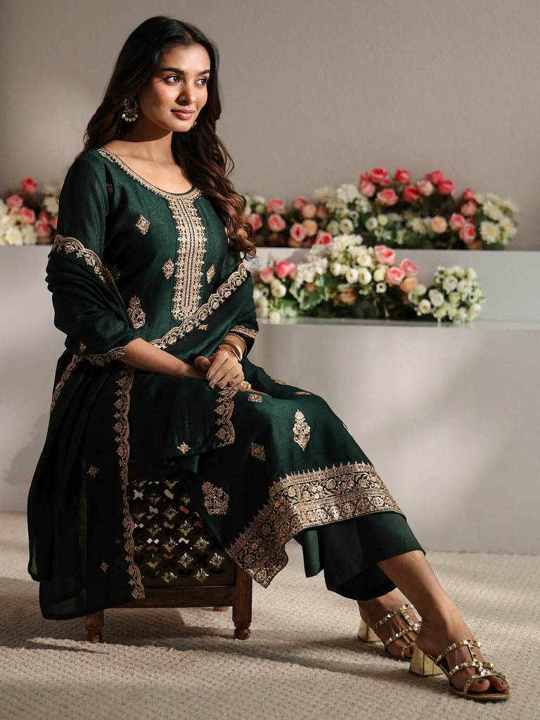 Libas Green Embroidered Silk Blend Straight Suit Set With Dupatta