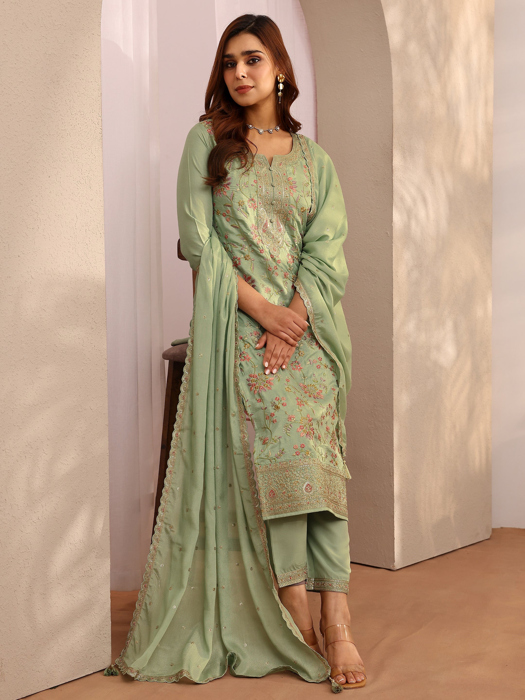 libas Green Embroidered Silk blend Straight Suit Set With Dupatta-picture-28