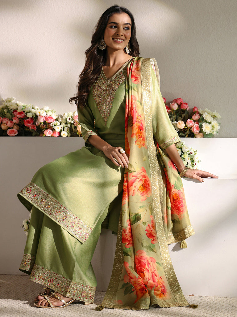 Libas Green Embroidered Silk Blend Straight Suit Set With Printed Dupatta