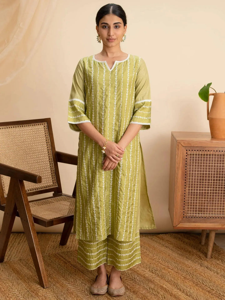 Green Embroidered Silk Kurta - Libas