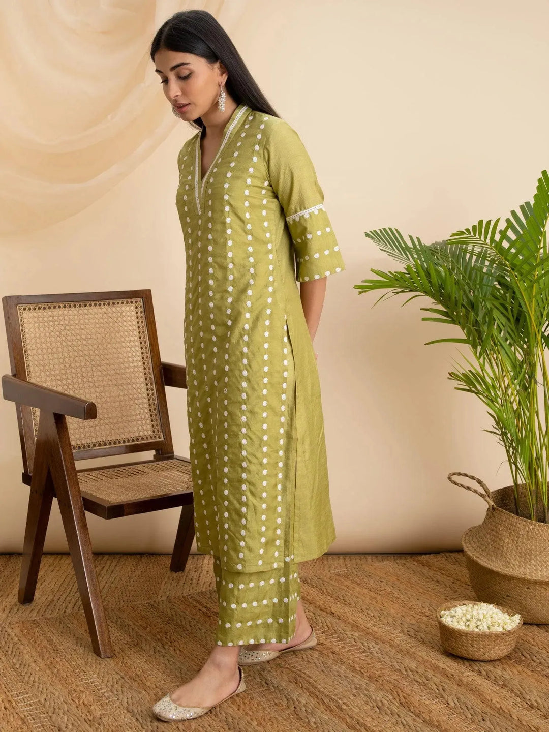 Green Embroidered Silk Kurta - Libas 