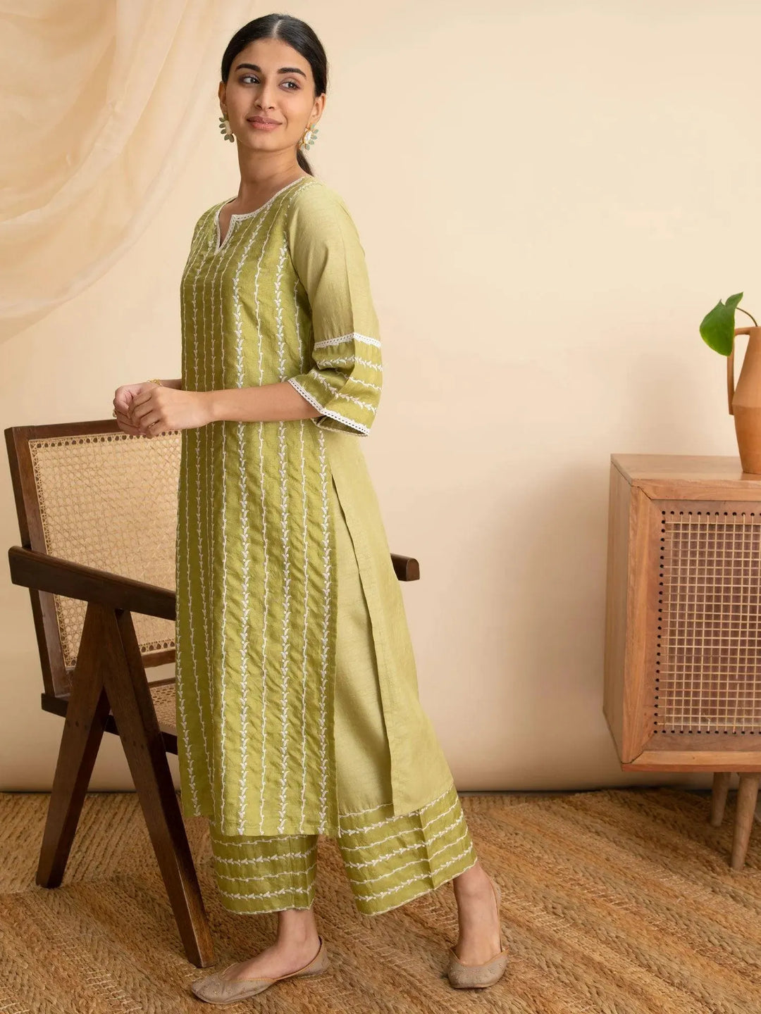 Green Embroidered Silk Kurta - Libas 