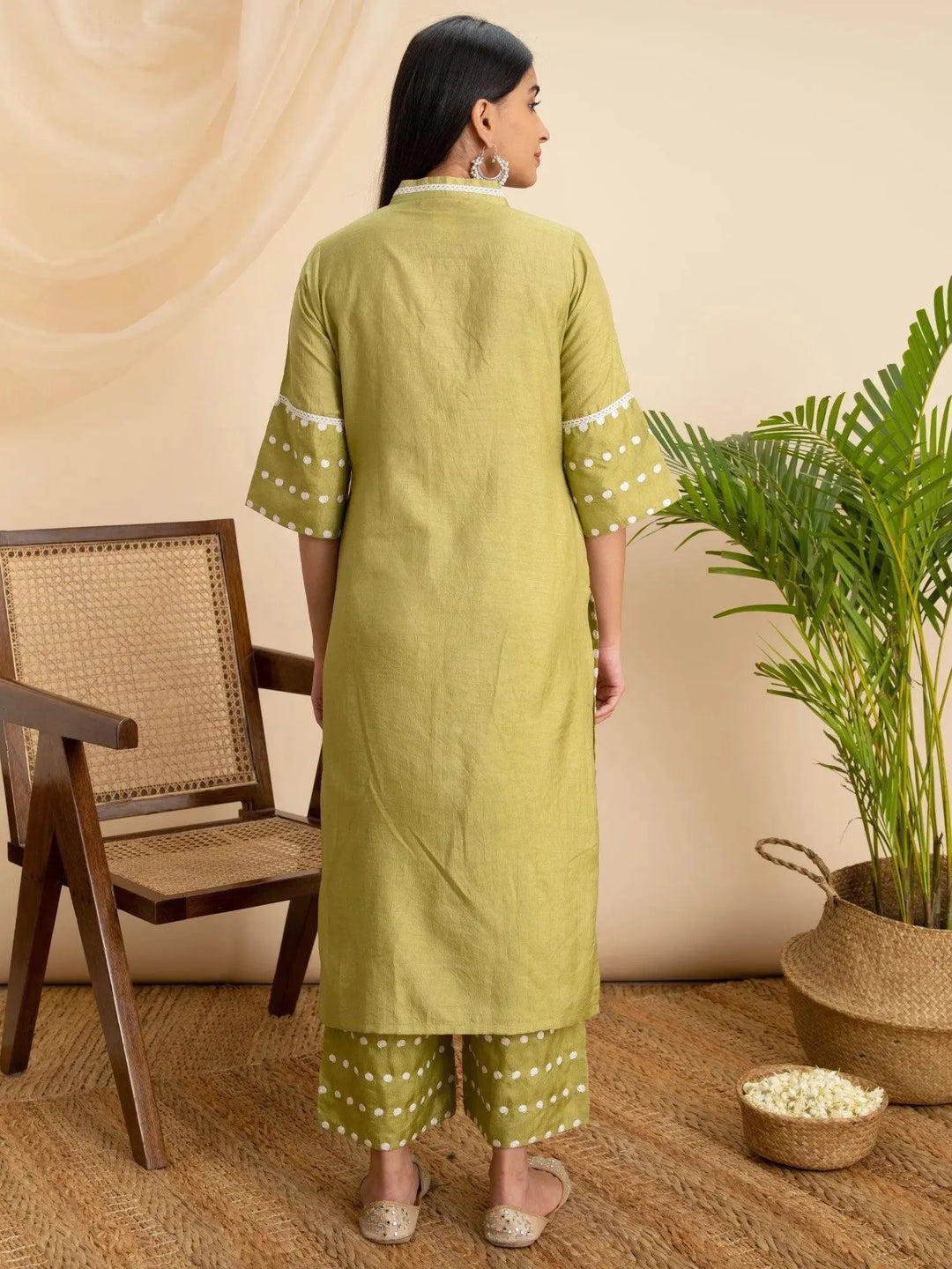 Green Embroidered Silk Kurta - Libas 