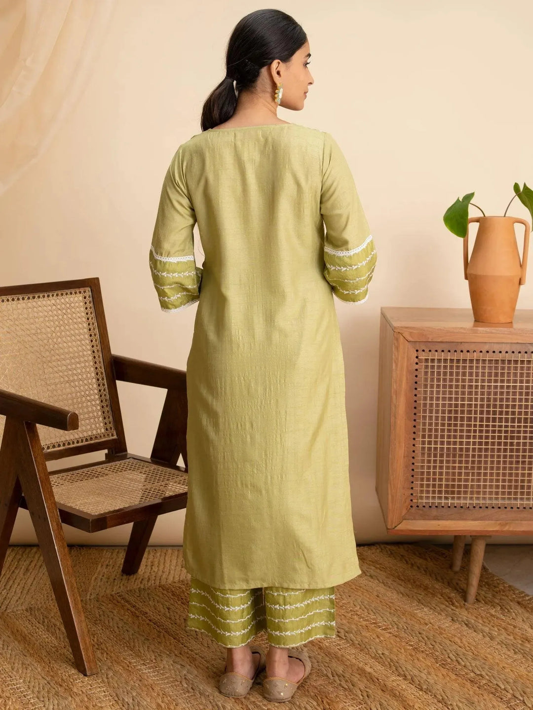 Green Embroidered Silk Kurta - Libas