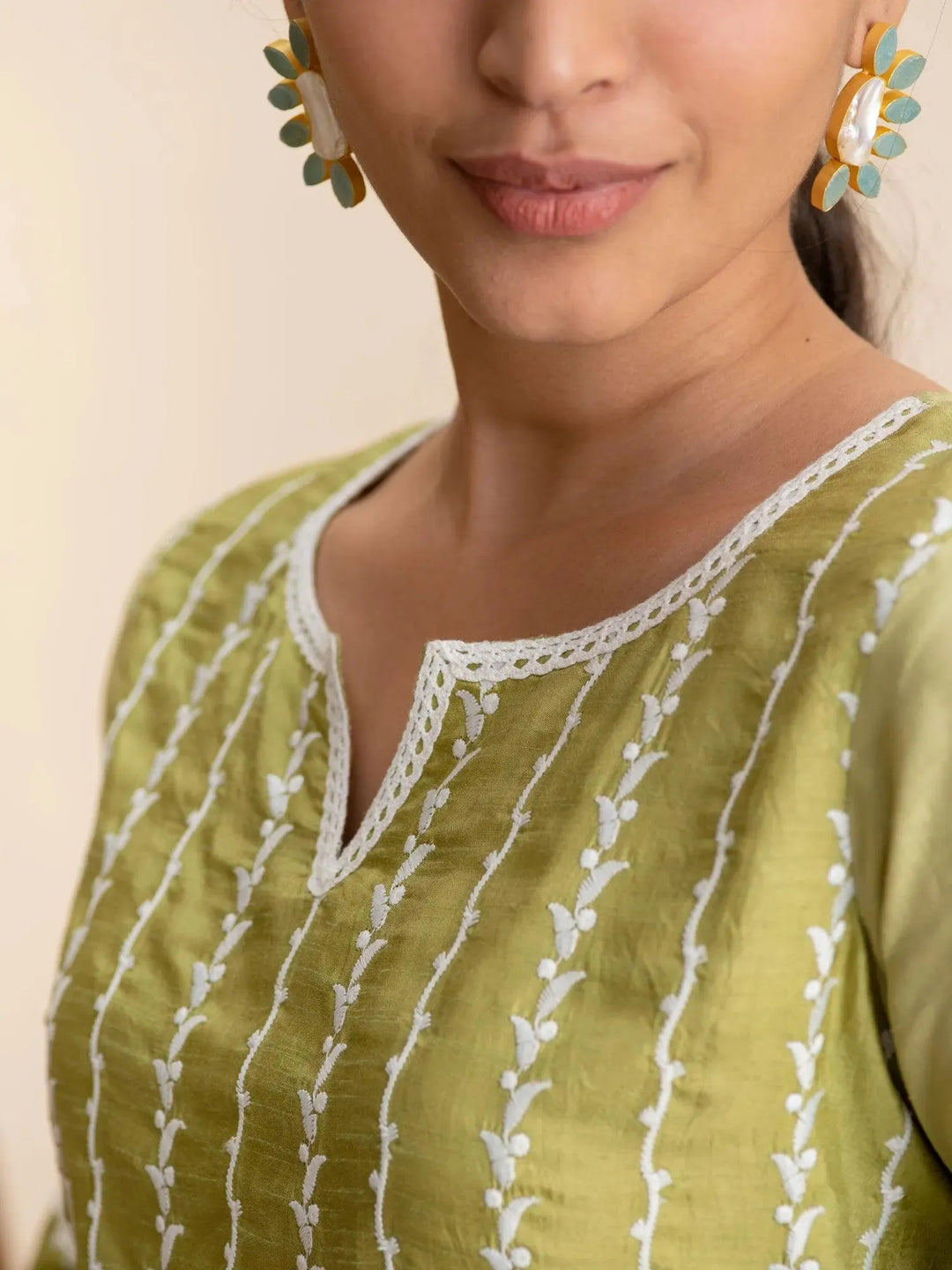 Green Embroidered Silk Kurta - Libas 