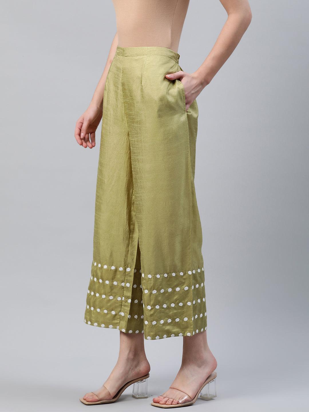 Green Embroidered Silk Palazzos