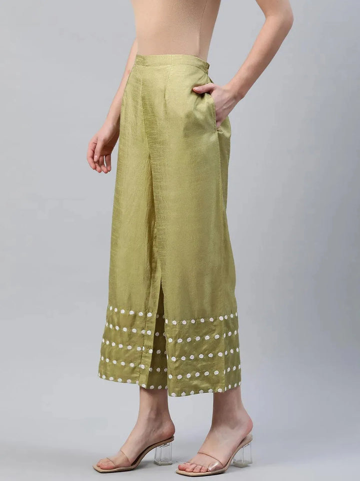 Green Embroidered Silk Palazzos - Libas