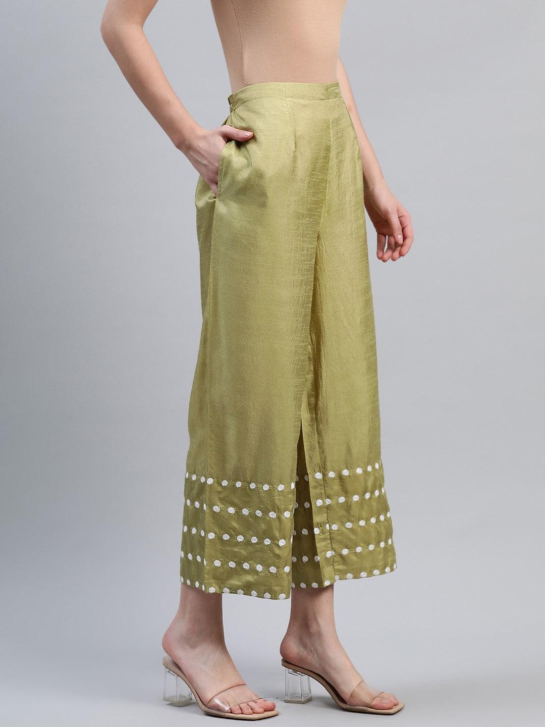Green Embroidered Silk Palazzos