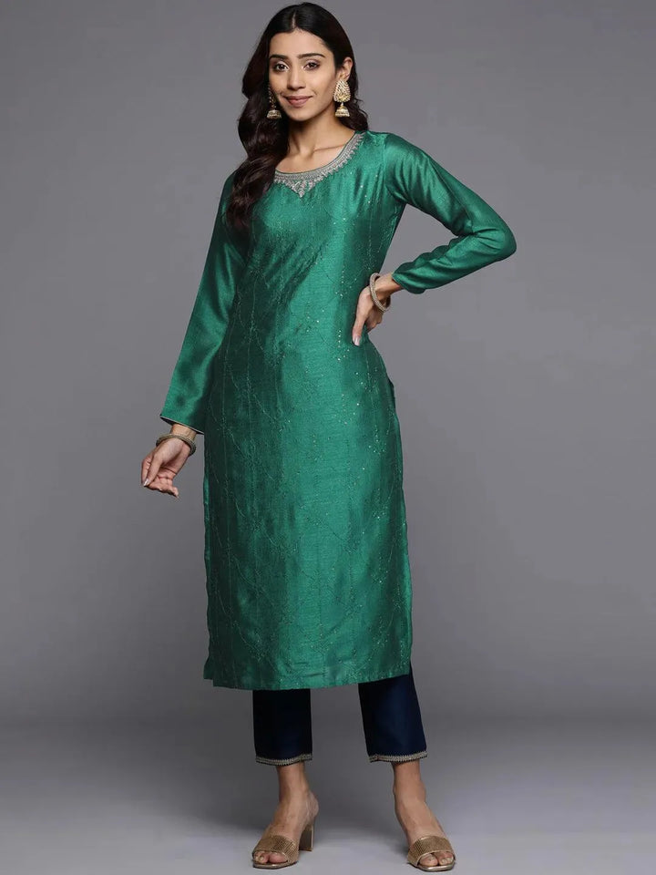 Green Embroidered Silk Straight Kurta - Libas