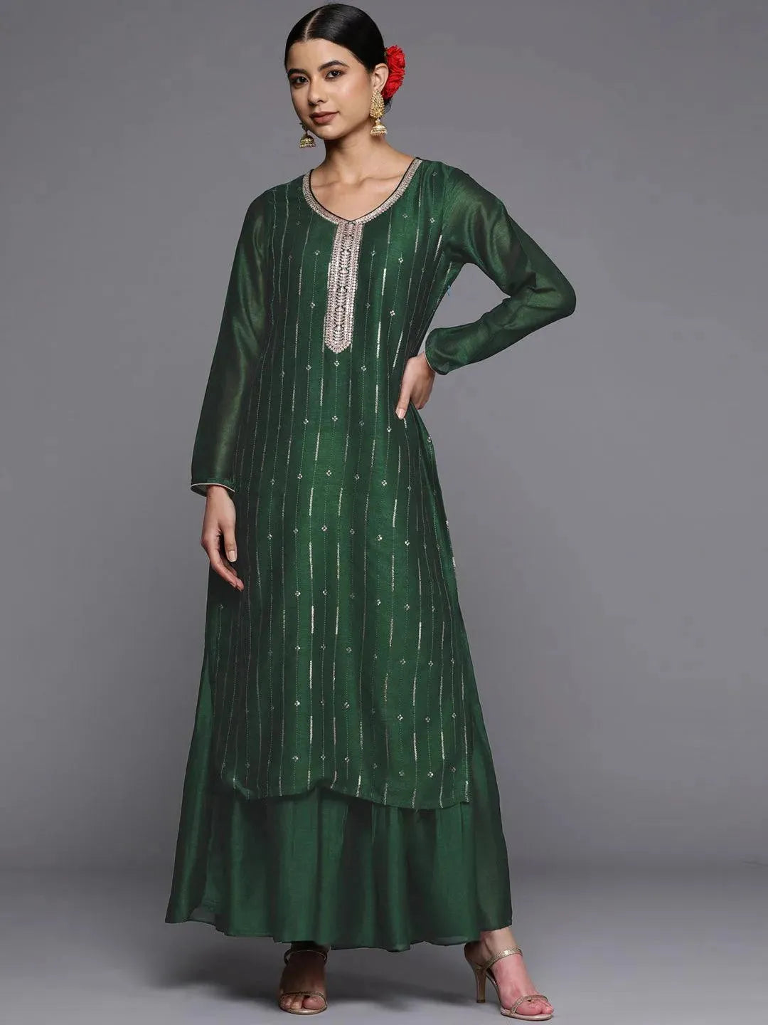 Green Embroidered Silk Straight Kurta - Libas