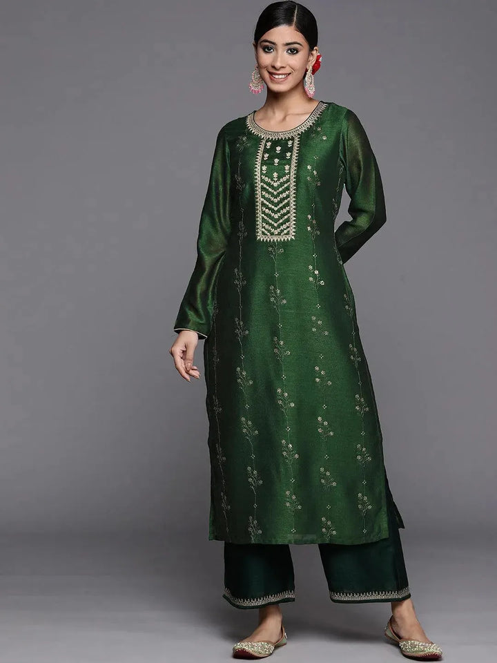 Green Embroidered Silk Straight Kurta - Libas