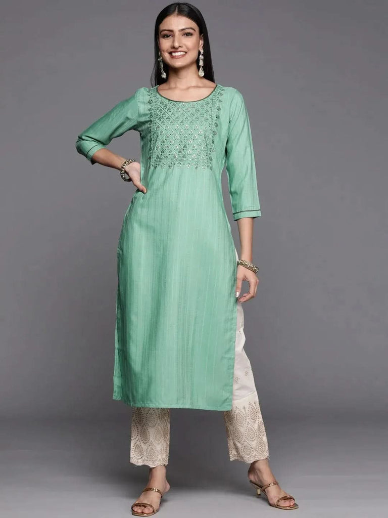 Libas Green Embroidered Silk Straight Kurta