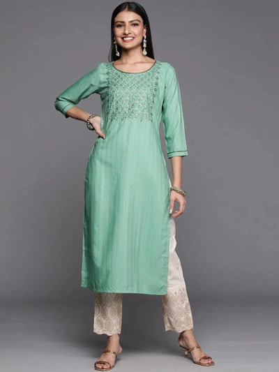 Green Embroidered Silk Straight Kurta - Libas