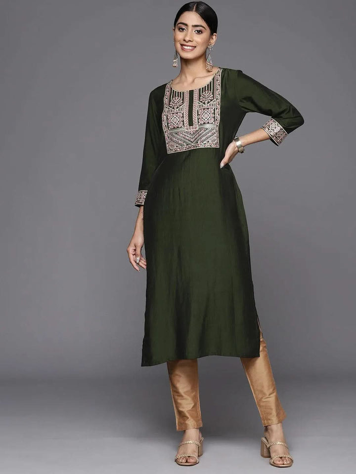 Green Embroidered Silk Straight Kurta - Libas