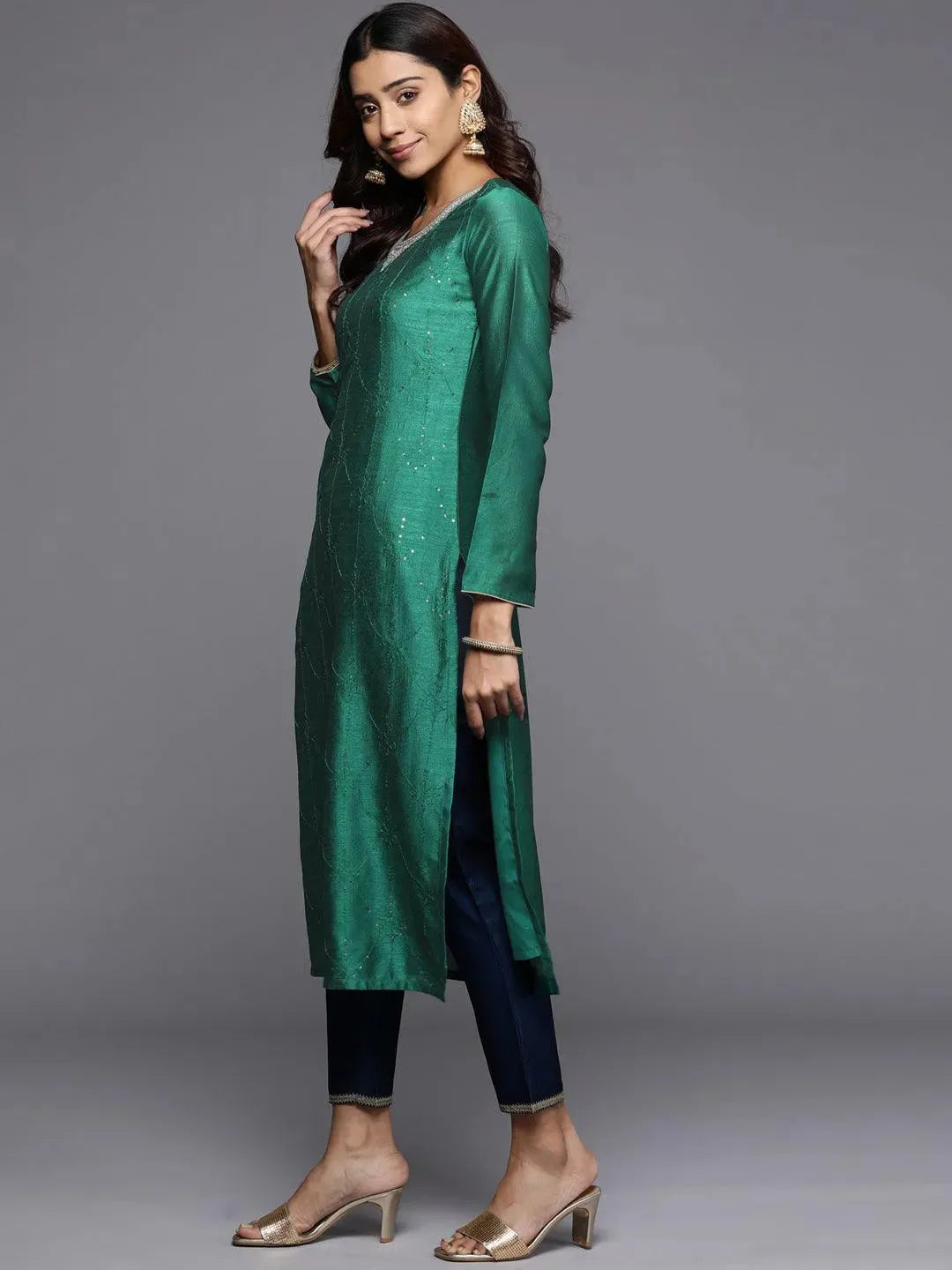 Green Embroidered Silk Straight Kurta - Libas